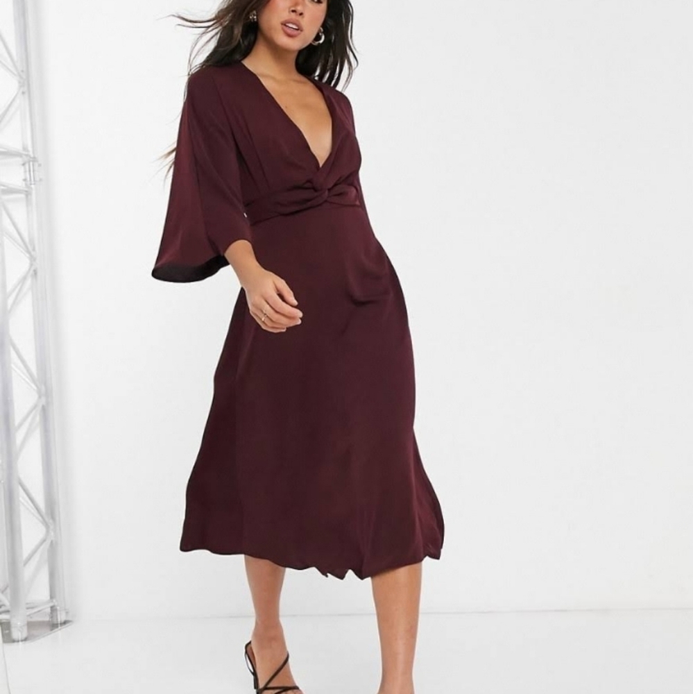 ASOS DESIGN Batwing Twist Front Midi Skater Dress In Oxblood
